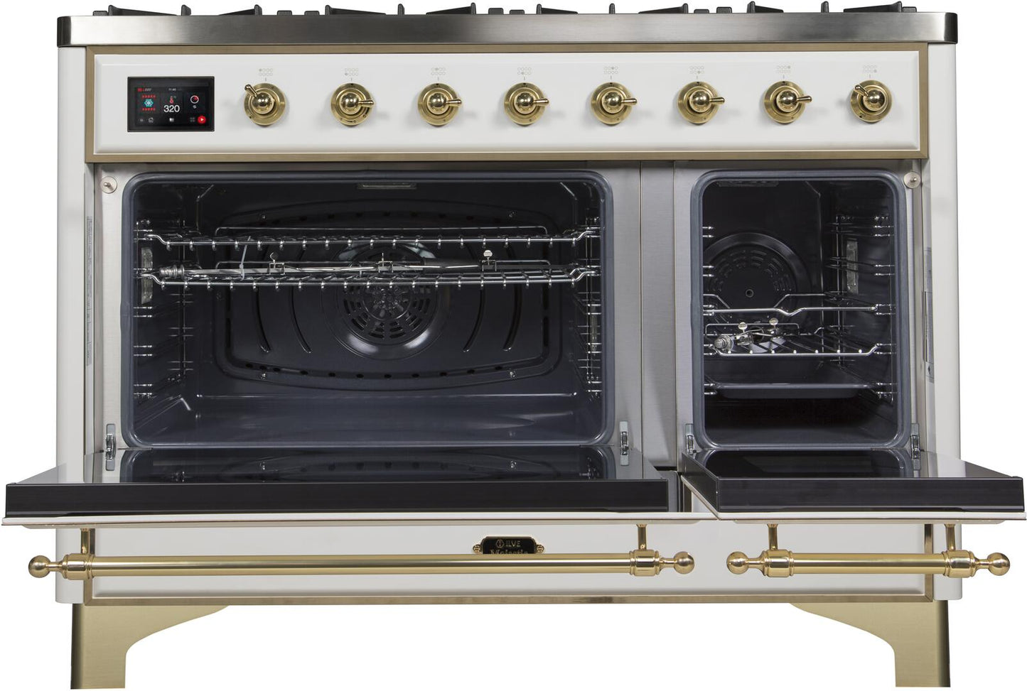 Ilve UM12FDNS3WHG Majestic Ii 48 Inch Dual Fuel Natural Gas Freestanding Range In White With Brass Trim