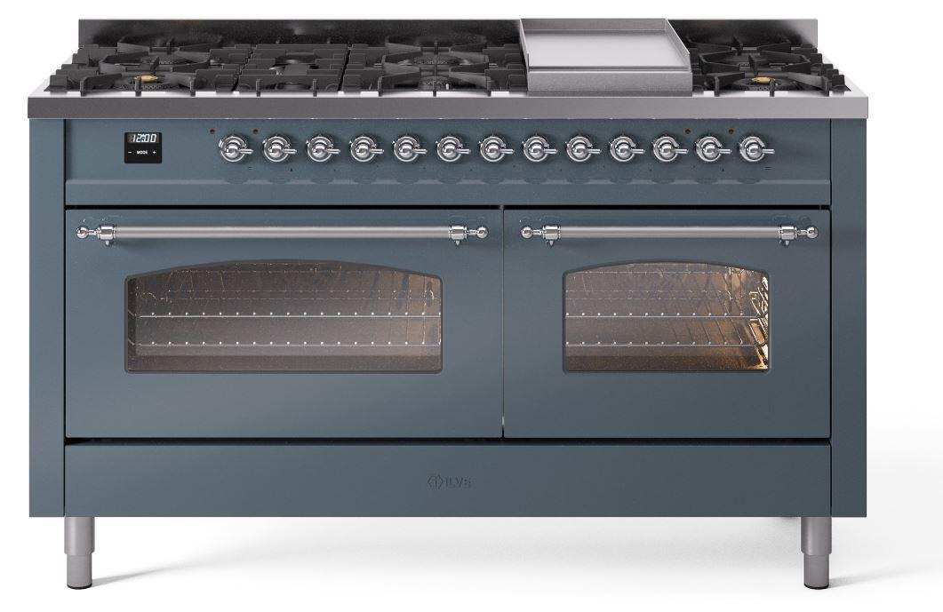 Ilve UP60FNMPBGC Nostalgie Ii 60 Inch Dual Fuel Natural Gas Freestanding Range In Blue Grey With Chrome Trim