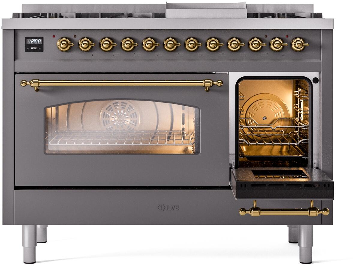 Ilve UP48FNMPMGGLP Nostalgie Ii 48 Inch Dual Fuel Liquid Propane Freestanding Range In Matte Graphite With Brass Trim