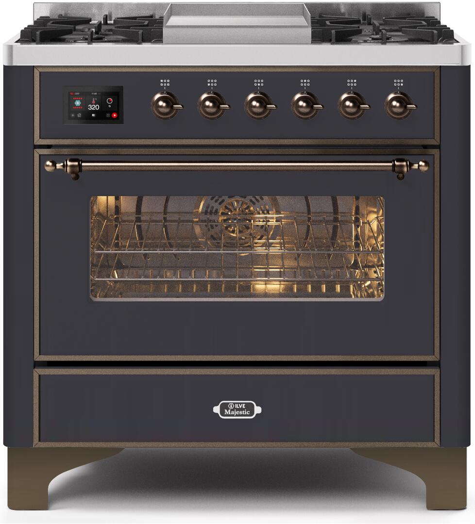 Ilve UM09FDNS3MGBLP Majestic Ii 36 Inch Dual Fuel Liquid Propane Freestanding Range In Matte Graphite With Bronze Trim