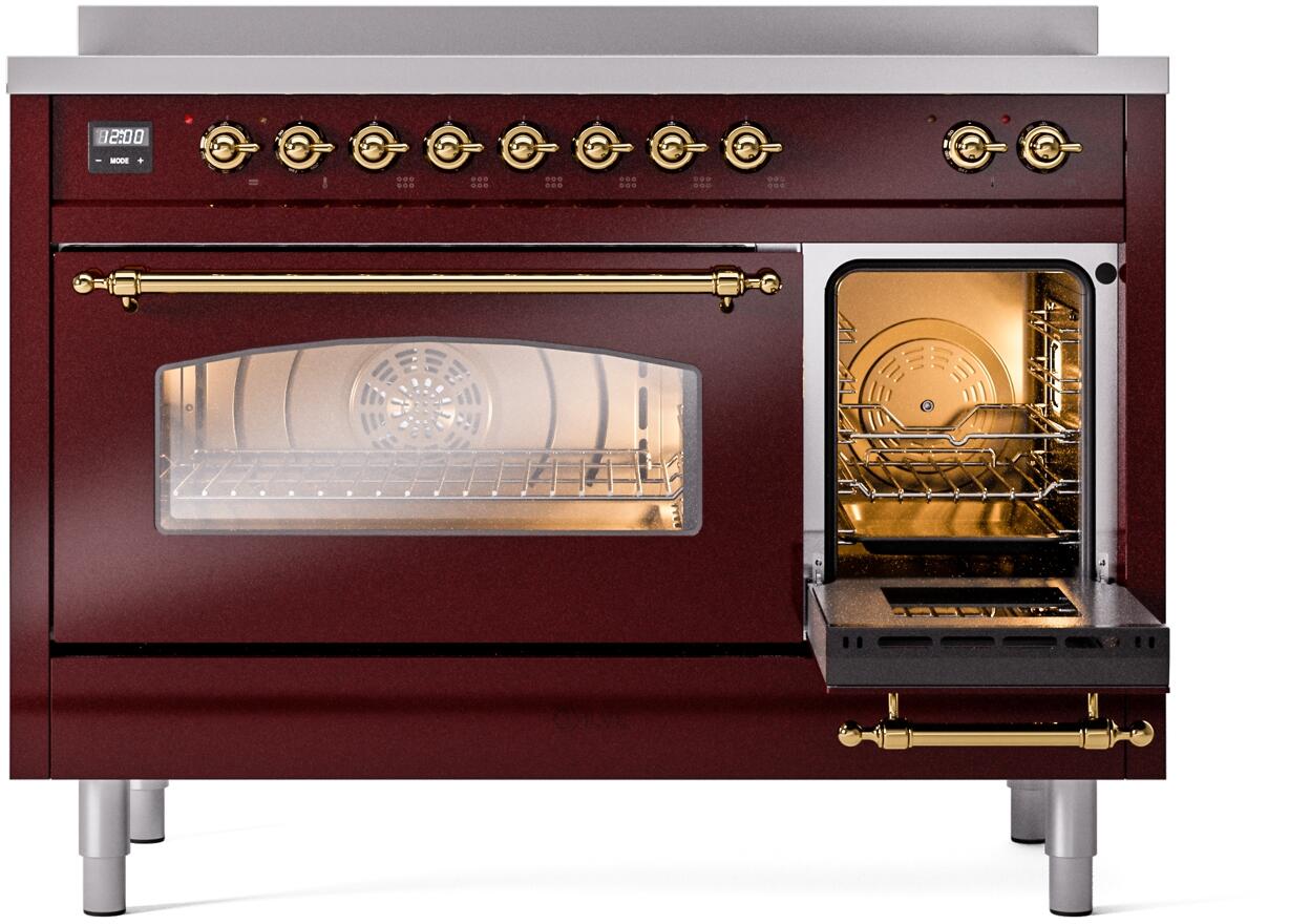 Ilve UPI486NMPBUG Nostalgie Ii 48 Inch Electric Freestanding Range In Burgundy With Brass Trim