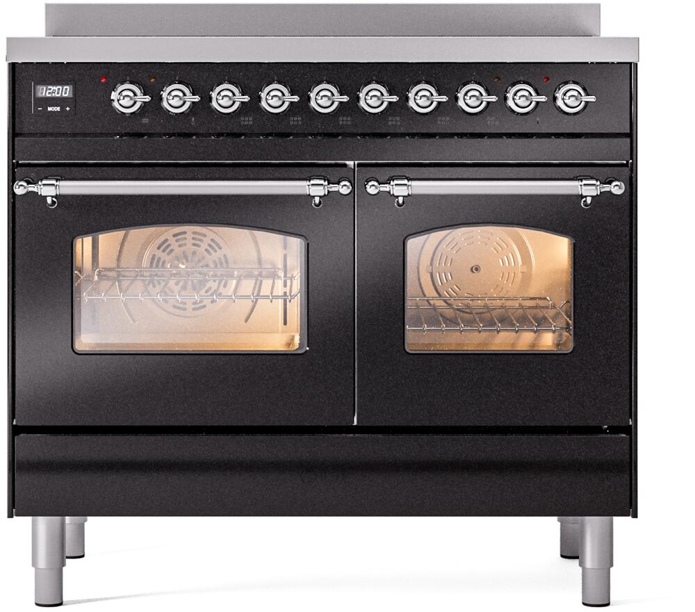 Ilve UPDI406NMPBKC Nostalgie Ii 40 Inch Electric Freestanding Range In Glossy Black With Chrome Trim