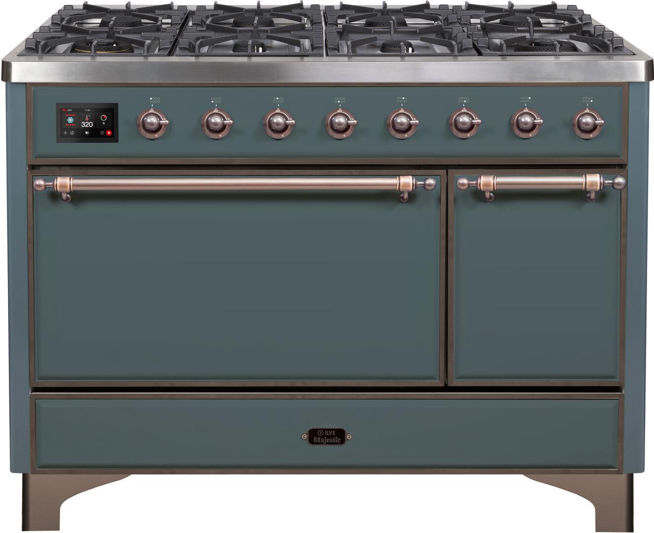 Ilve UM12FDQNS3BGB Majestic Ii 48 Inch Dual Fuel Natural Gas Freestanding Range In Blue Grey With Bronze Trim