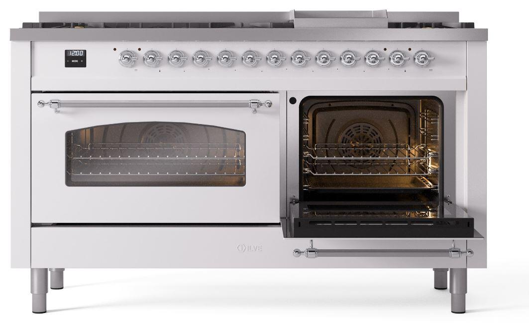 Ilve UP60FNMPWHCLP Nostalgie Ii 60 Inch Dual Fuel Liquid Propane Freestanding Range In White With Chrome Trim