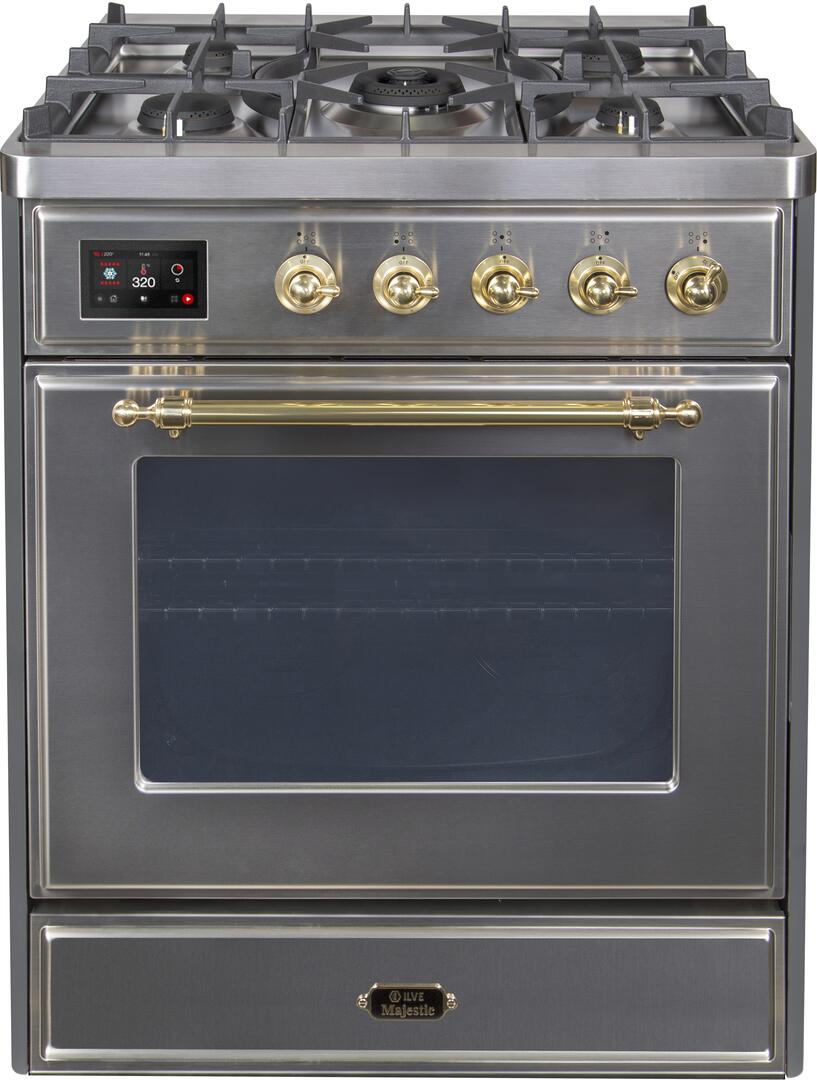 Ilve UM30DNE3SSG Majestic Ii 30 Inch Dual Fuel Natural Gas Freestanding Range In Stainless Steel With Brass Trim