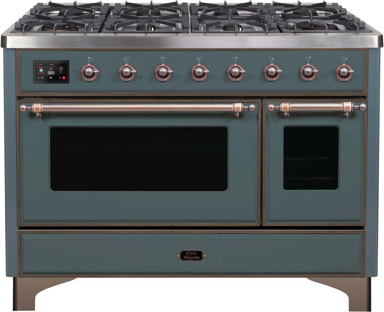 Ilve UM12FDNS3BGB Majestic Ii 48 Inch Dual Fuel Natural Gas Freestanding Range In Blue Grey With Bronze Trim