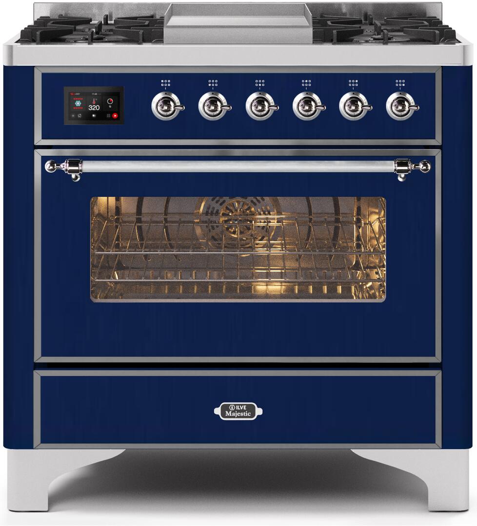 Ilve UM09FDNS3MBC Majestic Ii 36 Inch Dual Fuel Natural Gas Freestanding Range In Blue With Chrome Trim