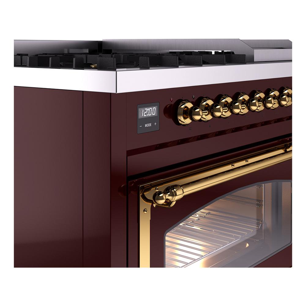 Ilve UN48FNMPBUG Ilve Un48Fnmpbug Nostalgie Ii Noblesse 48" Dual Fuel Range (8 Sealed Burners + Griddle, Natural Gas, Triple Glass Door, Burgundy, Brass)