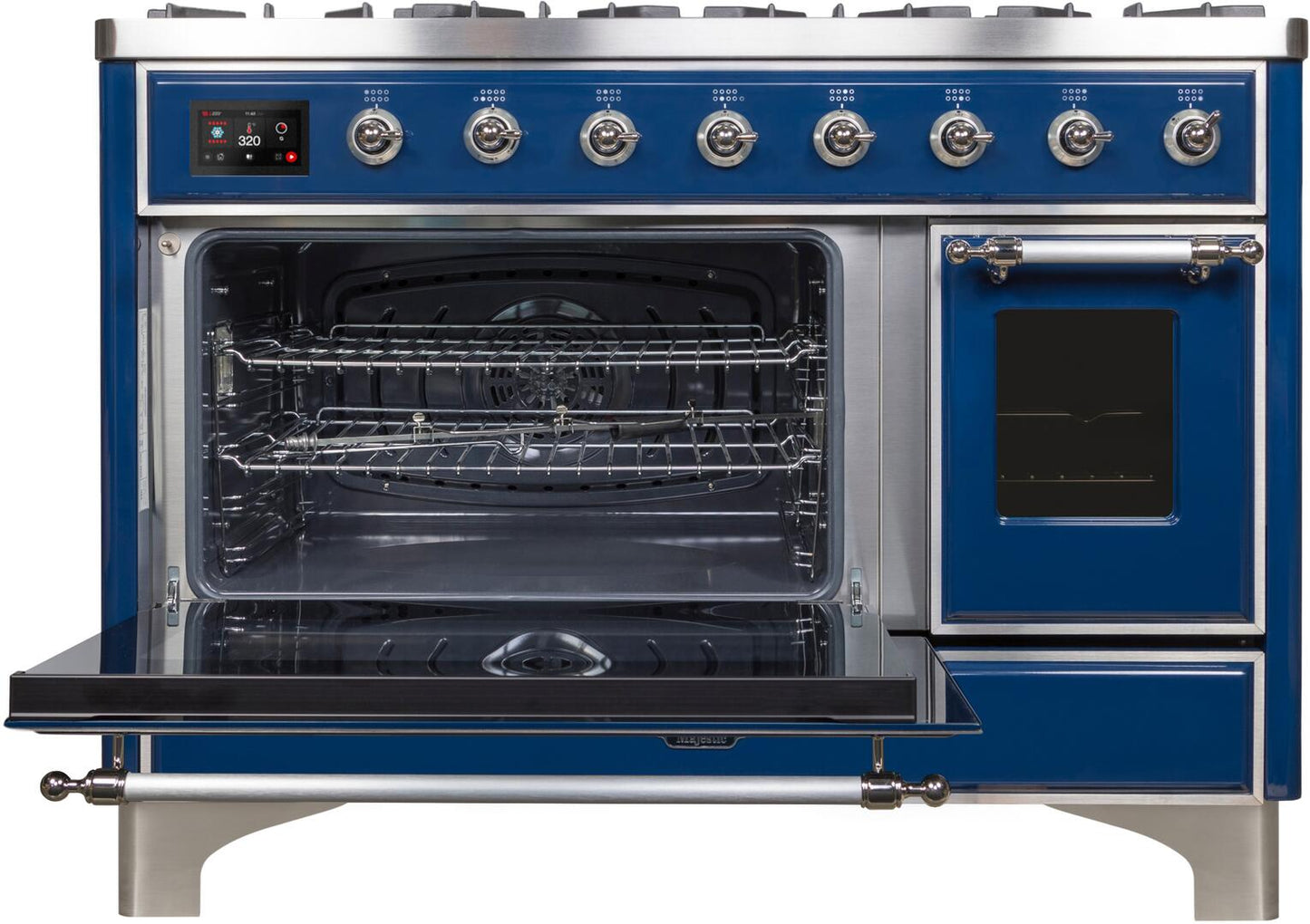 Ilve UM12FDNS3MBC Majestic Ii 48 Inch Dual Fuel Natural Gas Freestanding Range In Blue With Chrome Trim