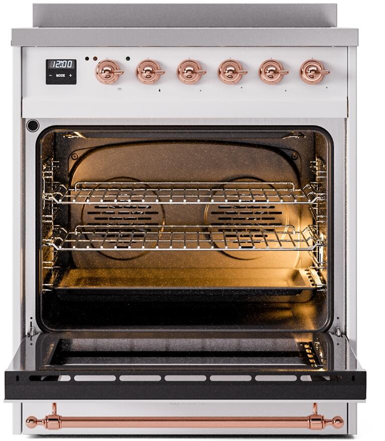 Ilve UPI304NMPWHP Nostalgie Ii 30 Inch Electric Freestanding Range In White With Copper Trim