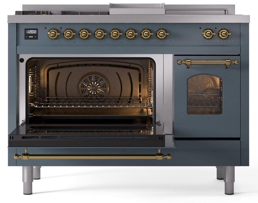 Ilve UP48FSNMPBGG Nostalgie Ii 48 Inch Dual Fuel Natural Gas Freestanding Range In Blue Grey With Brass Trim