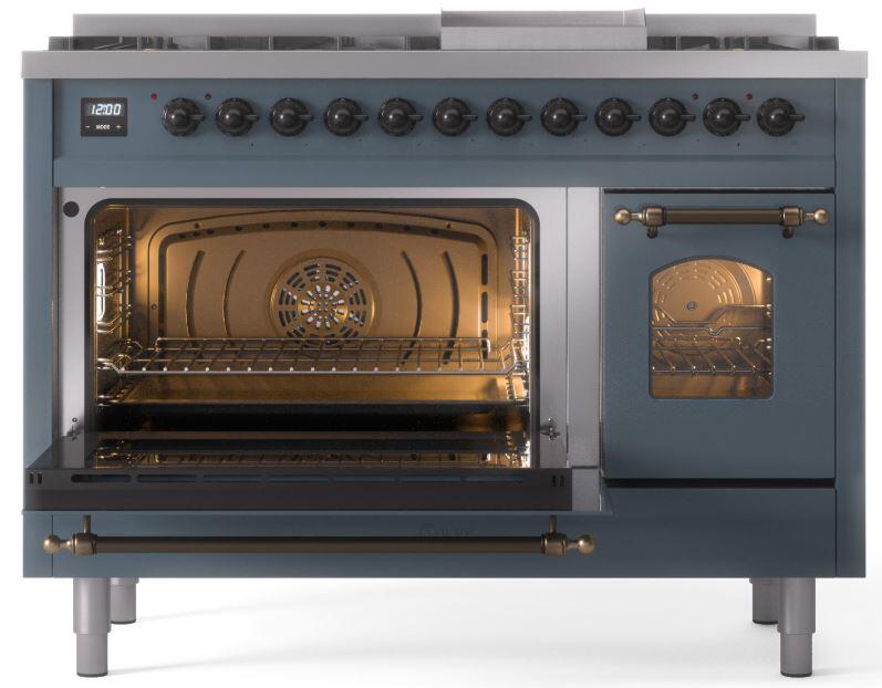 Ilve UP48FNMPBGBLP Nostalgie Ii 48 Inch Dual Fuel Liquid Propane Freestanding Range In Blue Grey With Bronze Trim