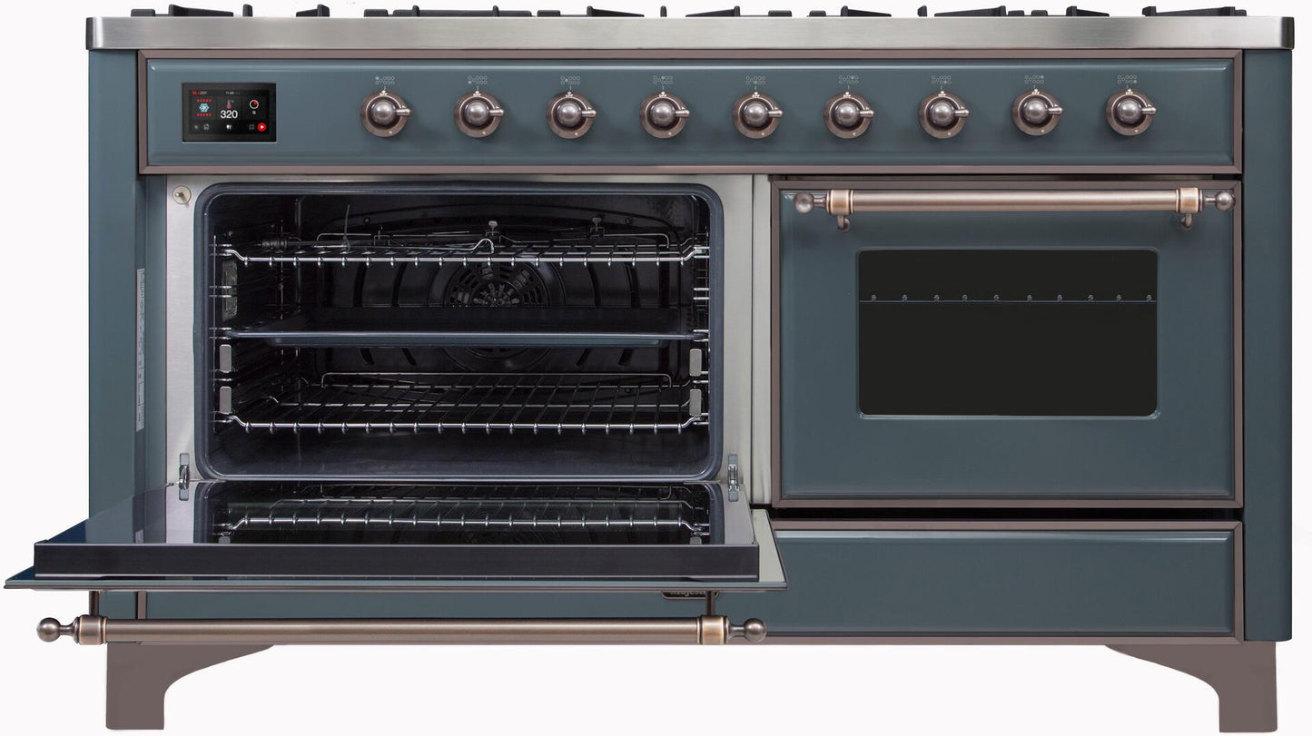 Ilve UM15FDNS3BGBLP Majestic Ii 60 Inch Dual Fuel Liquid Propane Freestanding Range In Blue Grey With Bronze Trim