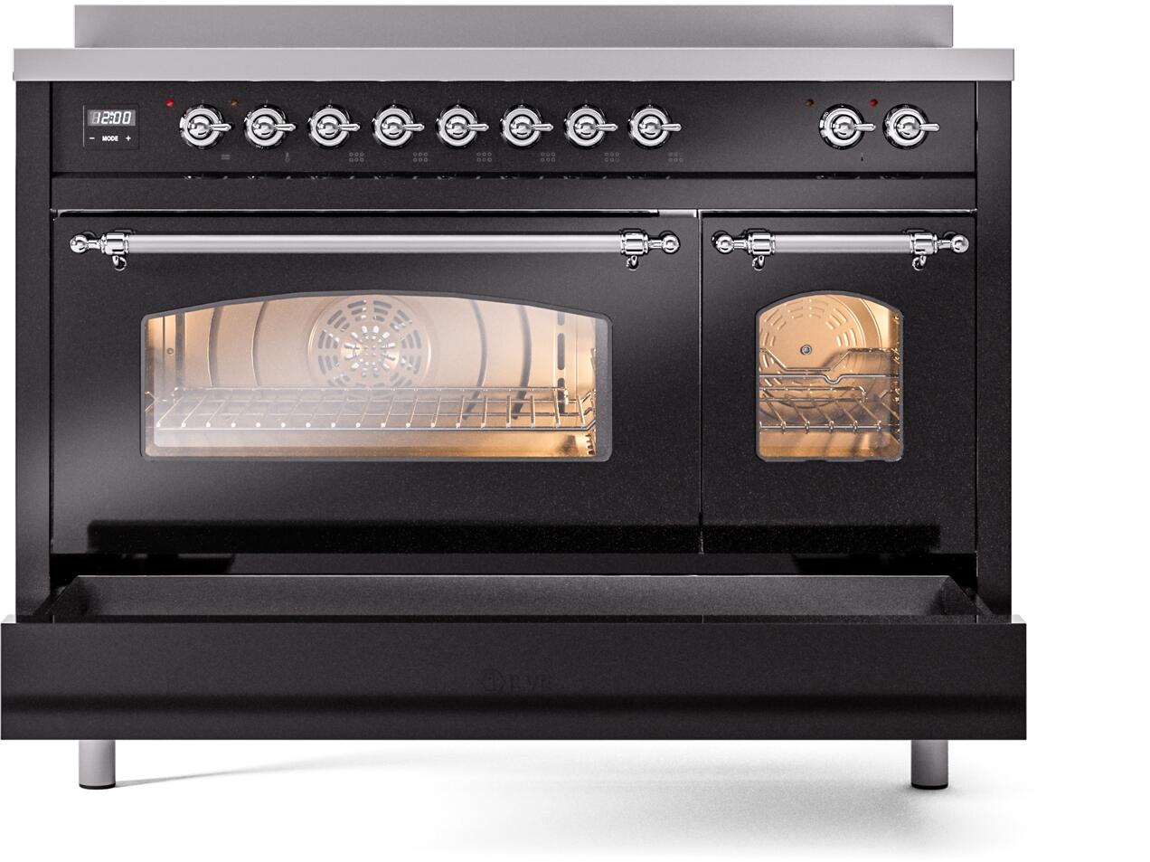 Ilve UPI486NMPBKC Nostalgie Ii 48 Inch Electric Freestanding Range In Glossy Black With Chrome Trim