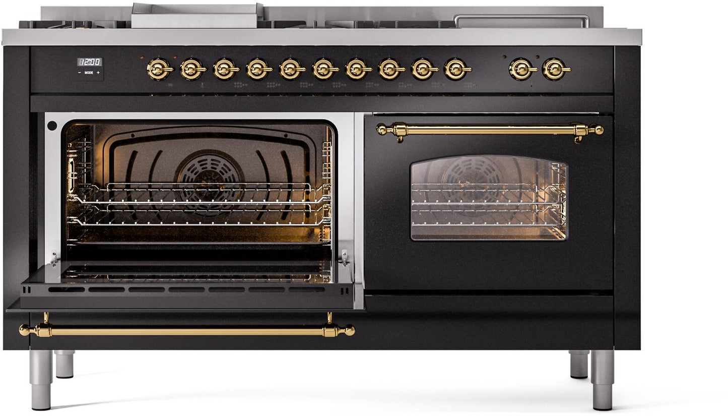 Ilve UP60FSNMPBKG Nostalgie Ii 60 Inch Dual Fuel Natural Gas Freestanding Range In Glossy Black With Brass Trim