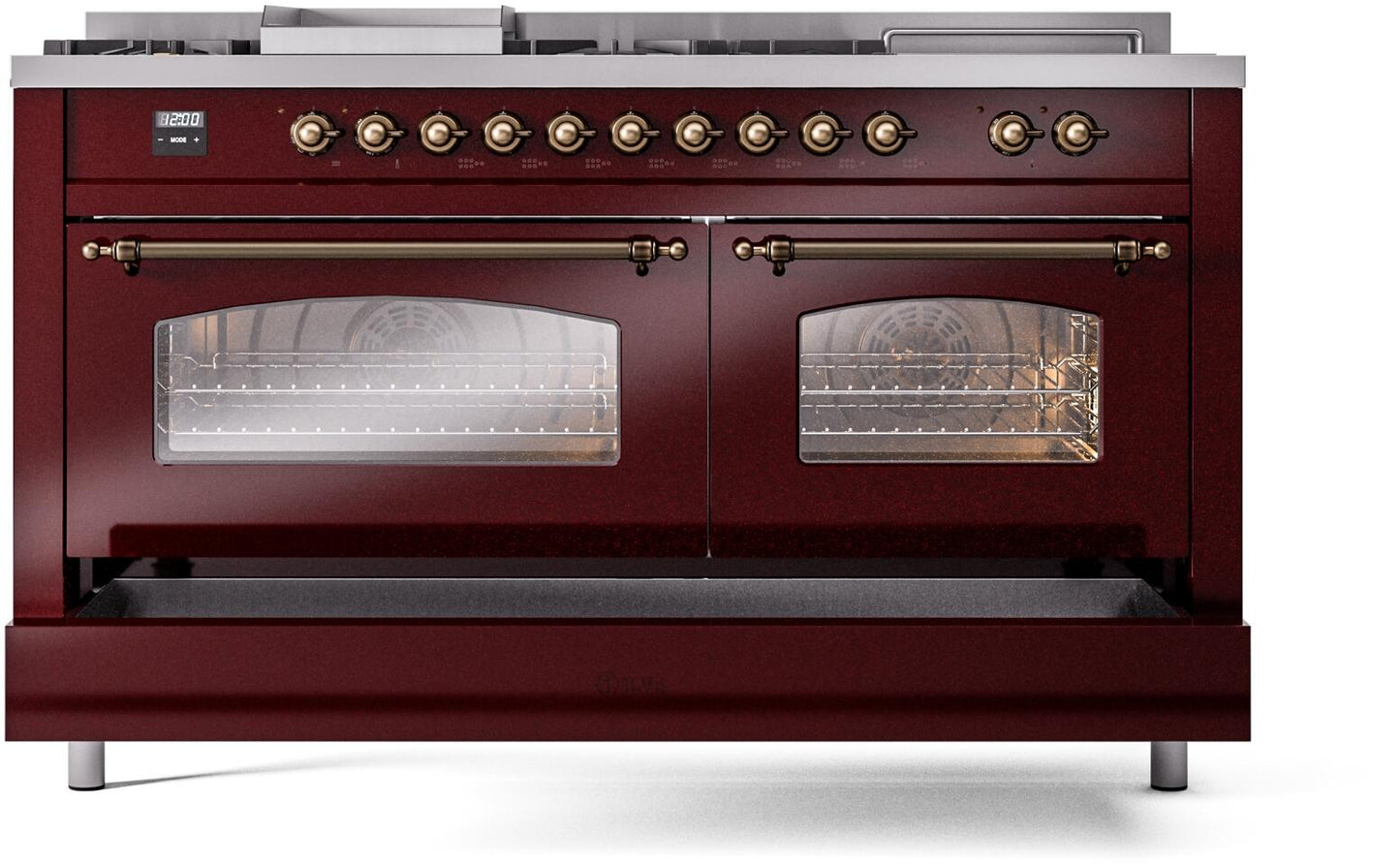 Ilve UP60FSNMPBUB Nostalgie Ii 60 Inch Dual Fuel Natural Gas Freestanding Range In Burgundy With Bronze Trim