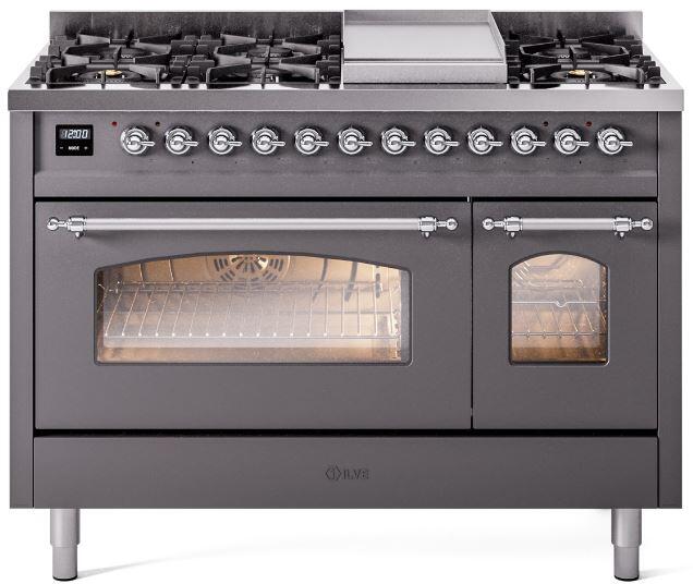 Ilve UP48FNMPMGC Nostalgie Ii 48 Inch Dual Fuel Natural Gas Freestanding Range In Matte Graphite With Chrome Trim