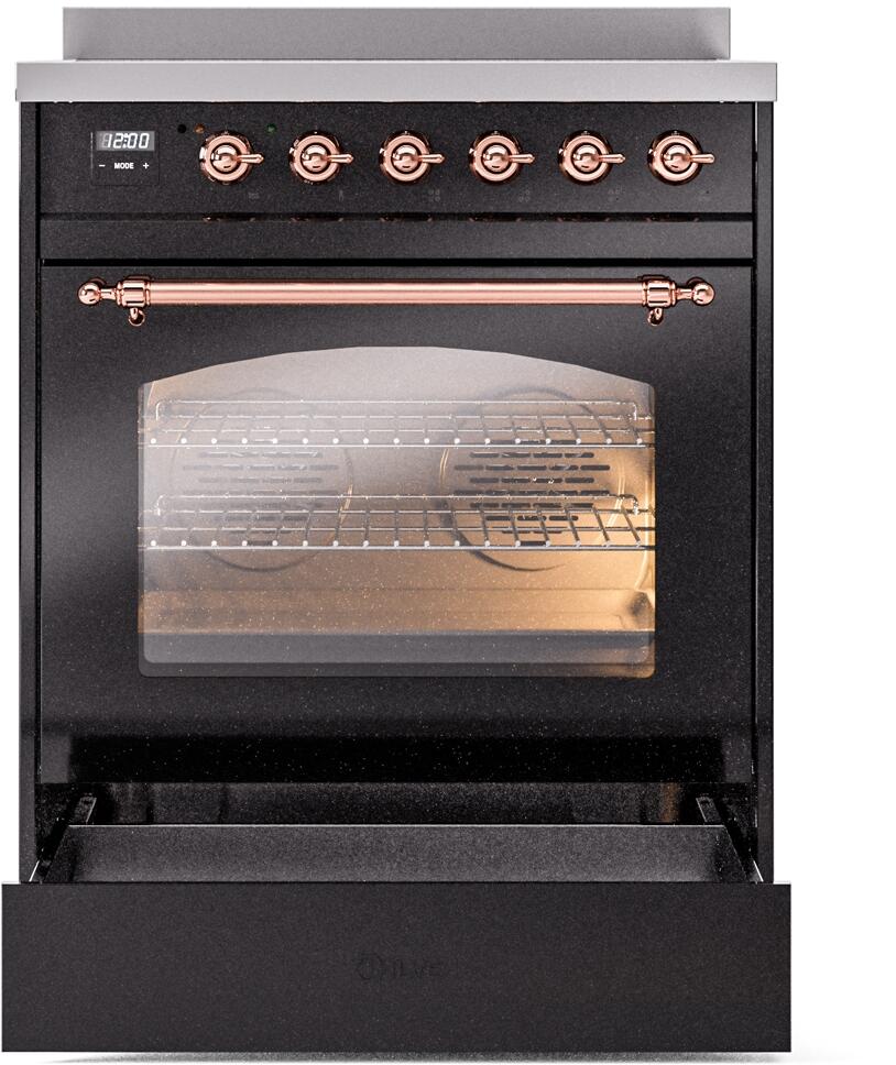 Ilve UPI304NMPBKP Nostalgie Ii 30 Inch Electric Freestanding Range In Glossy Black With Copper Trim