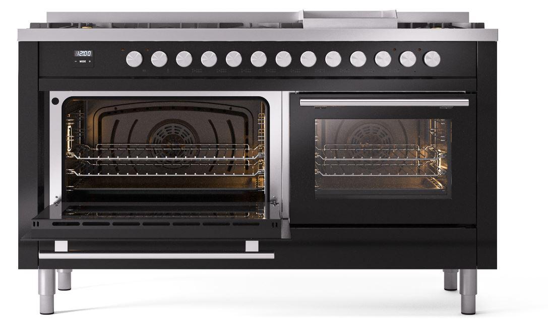 Ilve UP60FWMPBK Professional Plus Ii 60 Inch Dual Fuel Natural Gas Freestanding Range In Glossy Black With Trim