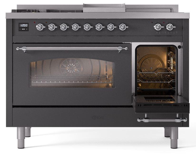 Ilve UP48FSNMPMGC Nostalgie Ii 48 Inch Dual Fuel Natural Gas Freestanding Range In Matte Graphite With Chrome Trim