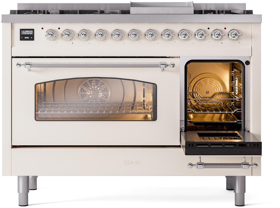 Ilve UP48FNMPAWC Nostalgie Ii 48 Inch Dual Fuel Natural Gas Freestanding Range In Antique White With Chrome Trim