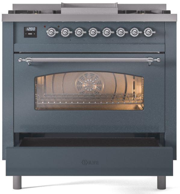 Ilve UP36FNMPBGC Nostalgie Ii 36 Inch Dual Fuel Natural Gas Freestanding Range In Blue Grey With Chrome Trim