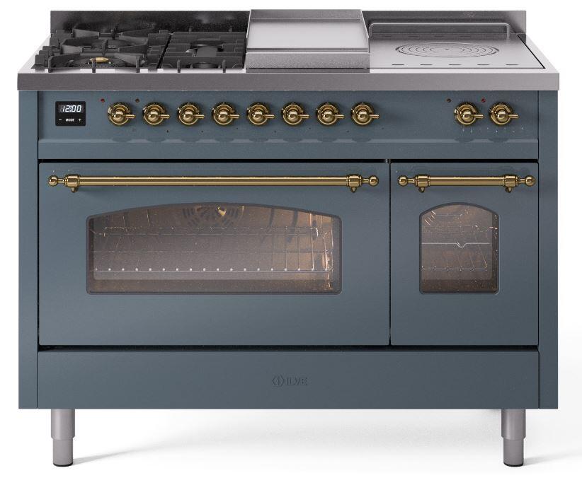 Ilve UP48FSNMPBGG Nostalgie Ii 48 Inch Dual Fuel Natural Gas Freestanding Range In Blue Grey With Brass Trim