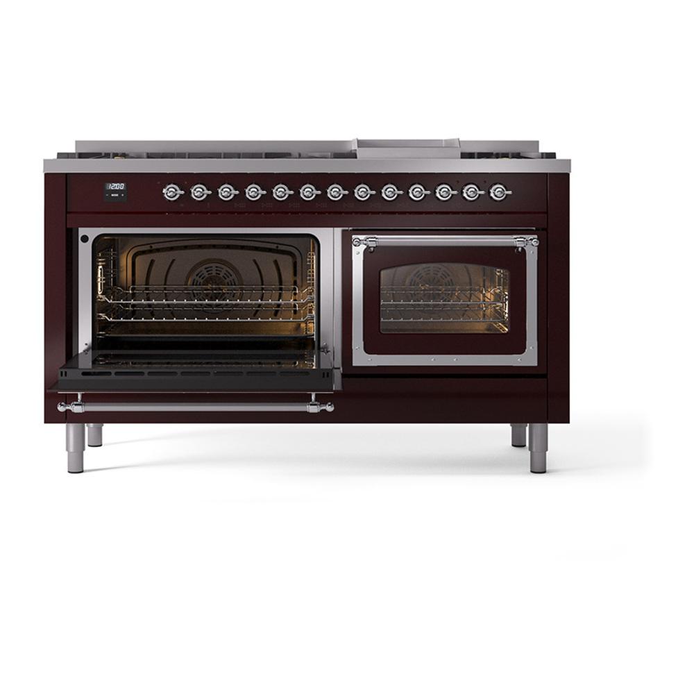 Ilve UN60FNMPBUC Ilve Un60Fnmpbuc Nostalgie Ii Noblesse 60" Dual Fuel Range (9 Sealed Burners + Griddle, Natural Gas, Triple Glass Door, Burgundy, Chrome)