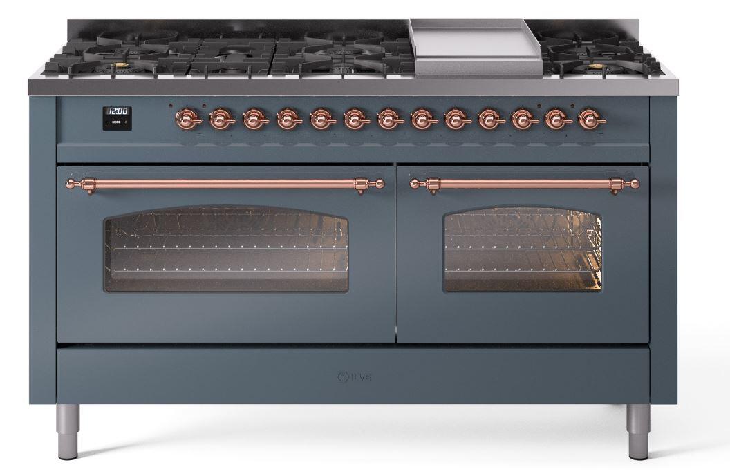 Ilve UP60FNMPBGP Nostalgie Ii 60 Inch Dual Fuel Natural Gas Freestanding Range In Blue Grey With Copper Trim