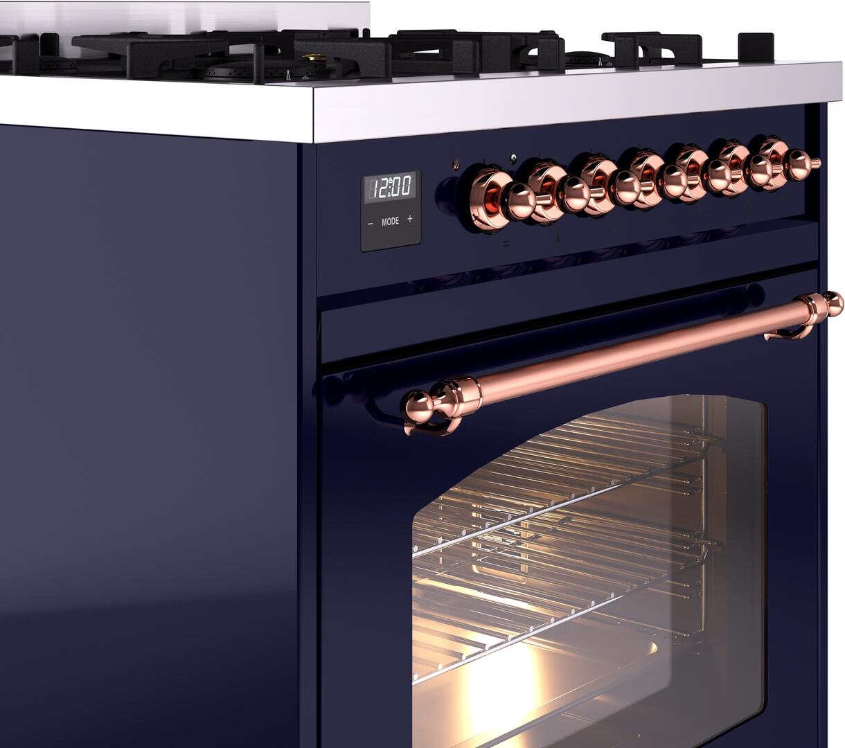 Ilve UP30NMPMBP Nostalgie Ii 30 Inch Dual Fuel Natural Gas Freestanding Range In Blue With Copper Trim