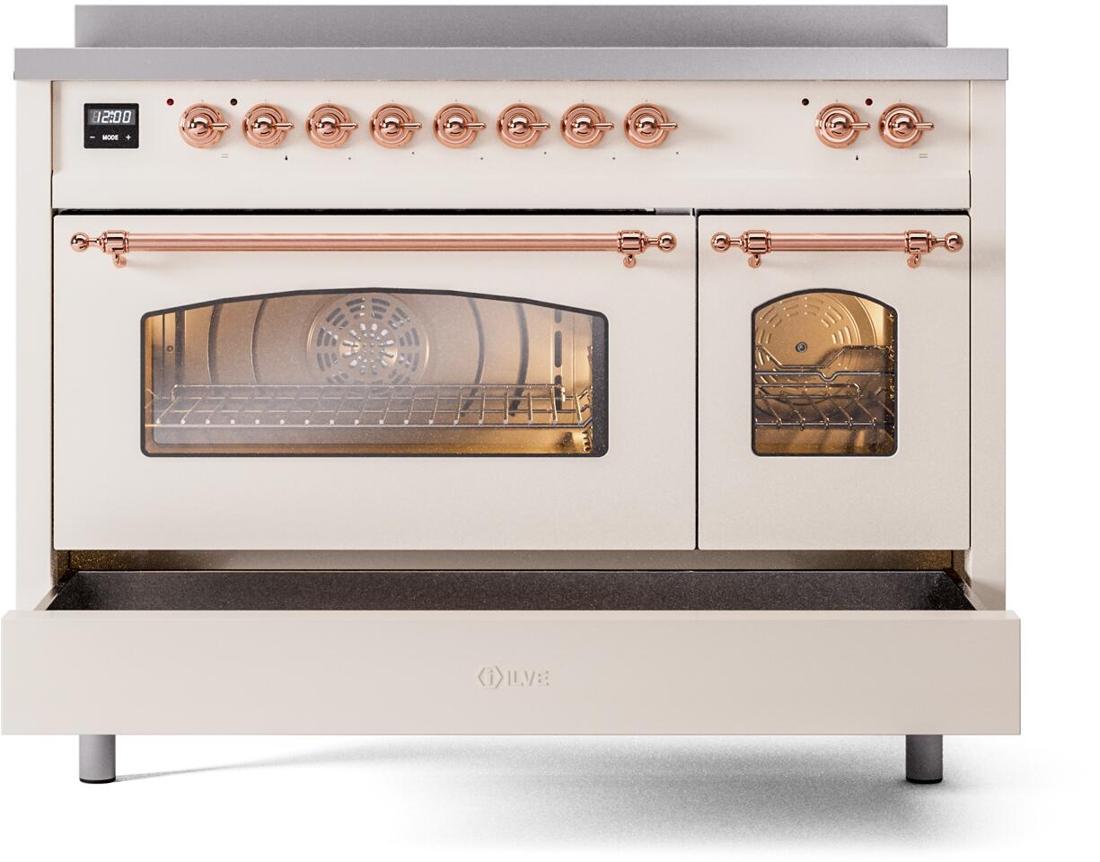 Ilve UPI486NMPAWP Nostalgie Ii 48 Inch Electric Freestanding Range In Antique White With Copper Trim