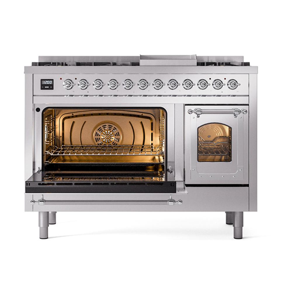 Ilve UN48FNMPSSCLP Ilve Un48Fnmpssclp Nostalgie Ii Noblesse 48" Dual Fuel Range (8 Sealed Burners + Griddle, Liquid Propane, Triple Glass Door, Stainless Steel, Chrome)