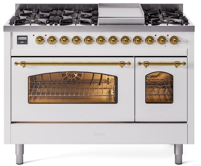 Ilve UP48FNMPWHGLP Nostalgie Ii 48 Inch Dual Fuel Liquid Propane Freestanding Range In White With Brass Trim