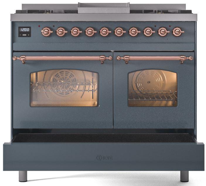 Ilve UPD40FNMPBGP Nostalgie Ii 40 Inch Dual Fuel Natural Gas Freestanding Range In Blue Grey With Copper Trim