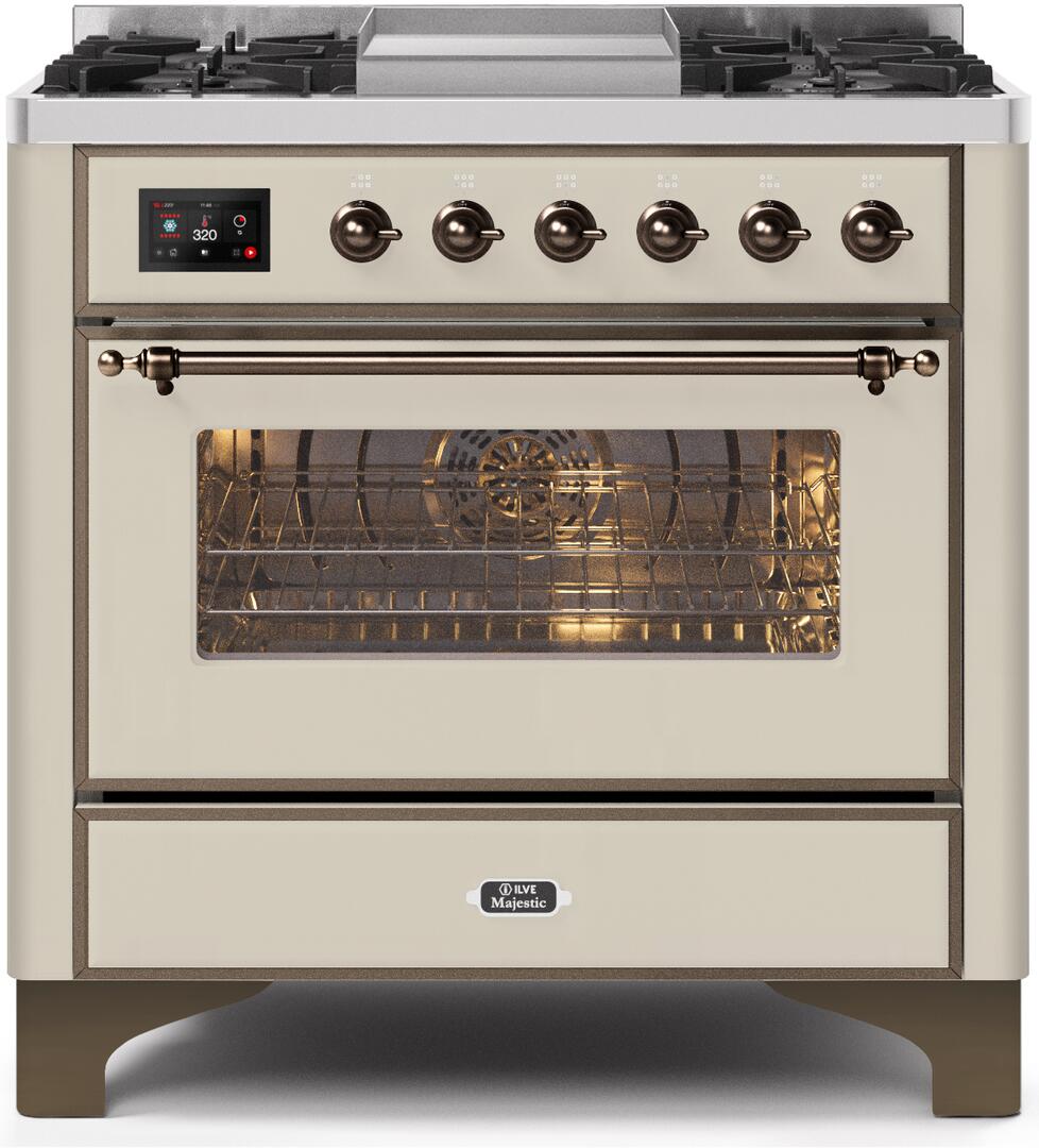 Ilve UM09FDNS3AWBLP Majestic Ii 36 Inch Dual Fuel Liquid Propane Freestanding Range In Antique White With Bronze Trim