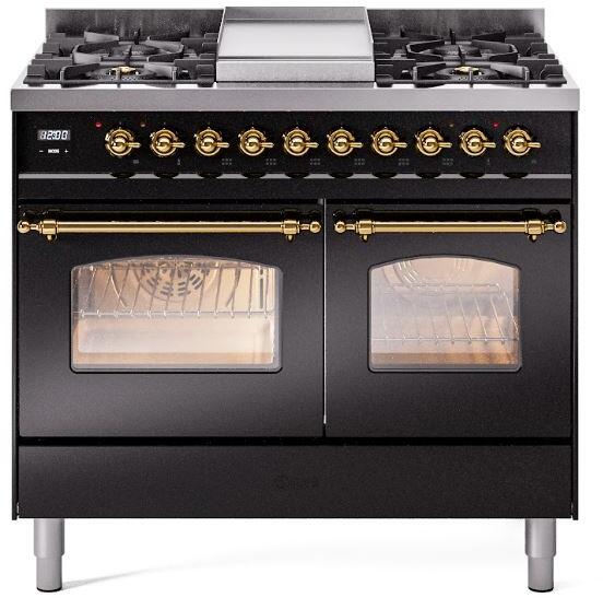 Ilve UPD40FNMPBKG Nostalgie Ii 40 Inch Dual Fuel Natural Gas Freestanding Range In Glossy Black With Brass Trim