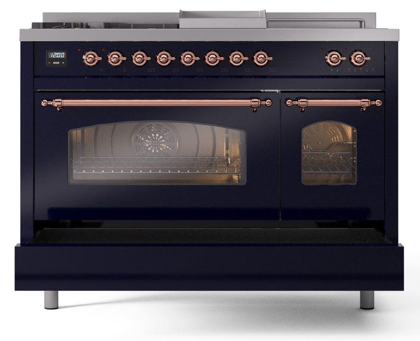 Ilve UP48FSNMPMBP Nostalgie Ii 48 Inch Dual Fuel Natural Gas Freestanding Range In Blue With Copper Trim