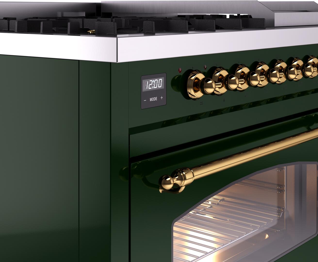 Ilve UP48FNMPEGG Nostalgie Ii 48 Inch Dual Fuel Natural Gas Freestanding Range In Emerald Green With Brass Trim