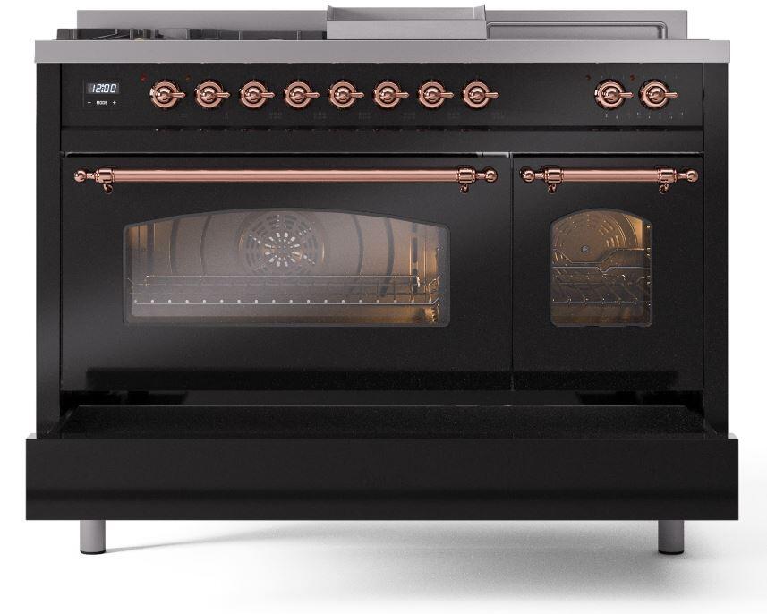 Ilve UP48FSNMPBKPLP Nostalgie Ii 48 Inch Dual Fuel Liquid Propane Freestanding Range In Glossy Black With Copper Trim