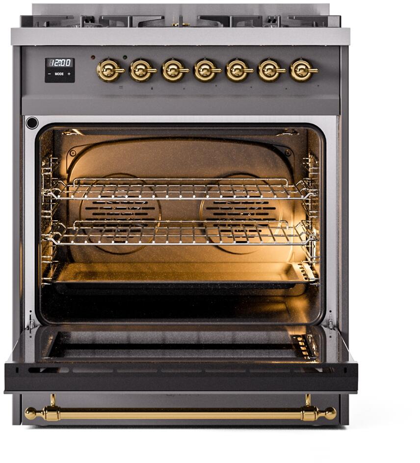 Ilve UP30NMPMGG Nostalgie Ii 30 Inch Dual Fuel Natural Gas Freestanding Range In Matte Graphite With Brass Trim