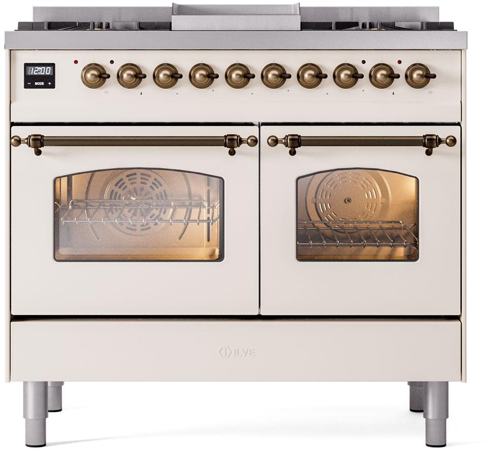 Ilve UPD40FNMPAWB Nostalgie Ii 40 Inch Dual Fuel Natural Gas Freestanding Range In Antique White With Bronze Trim