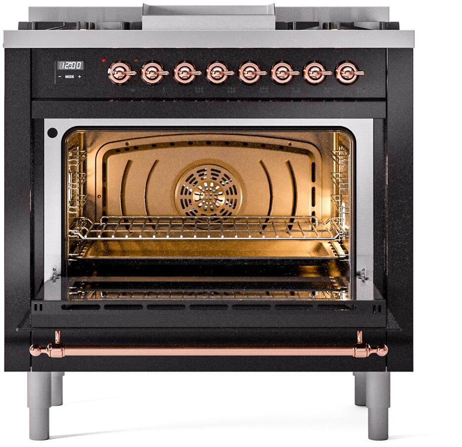 Ilve UP36FNMPBKP Nostalgie Ii 36 Inch Dual Fuel Natural Gas Freestanding Range In Glossy Black With Copper Trim