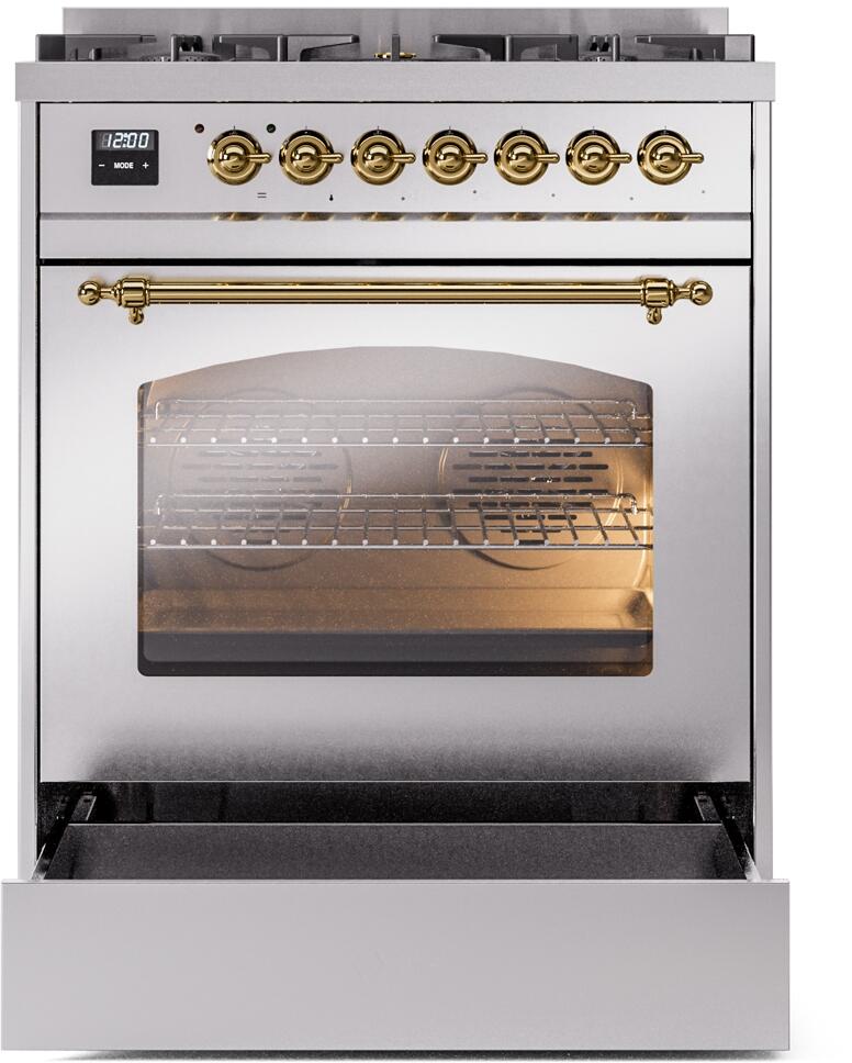 Ilve UP30NMPSSGLP Nostalgie Ii 30 Inch Dual Fuel Liquid Propane Freestanding Range In Stainless Steel With Brass Trim