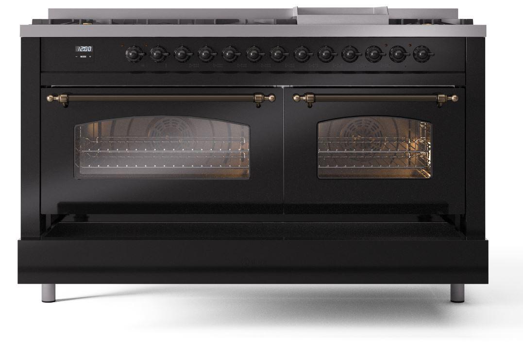 Ilve UP60FNMPBKBLP Nostalgie Ii 60 Inch Dual Fuel Liquid Propane Freestanding Range In Glossy Black With Bronze Trim