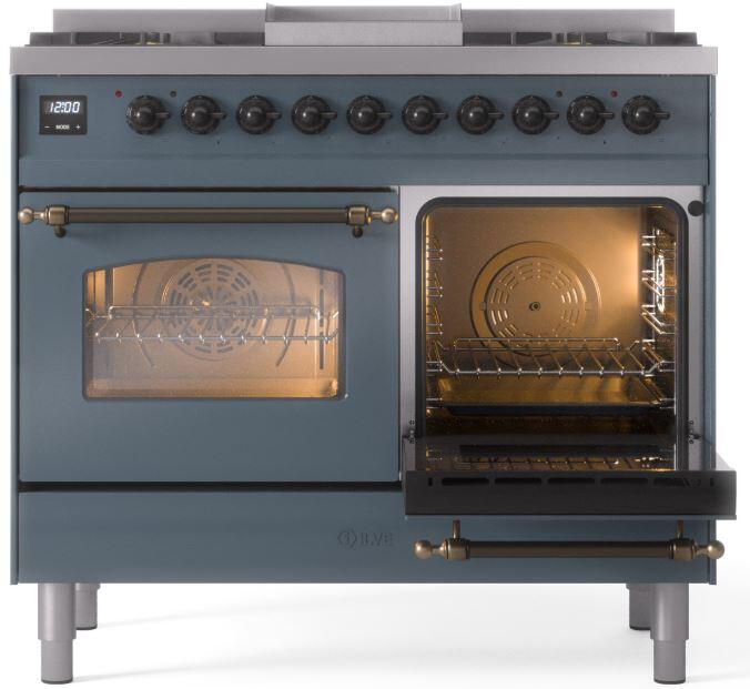 Ilve UPD40FNMPBGB Nostalgie Ii 40 Inch Dual Fuel Natural Gas Freestanding Range In Blue Grey With Bronze Trim