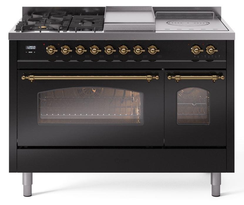 Ilve UP48FSNMPBKGLP Nostalgie Ii 48 Inch Dual Fuel Liquid Propane Freestanding Range In Glossy Black With Brass Trim