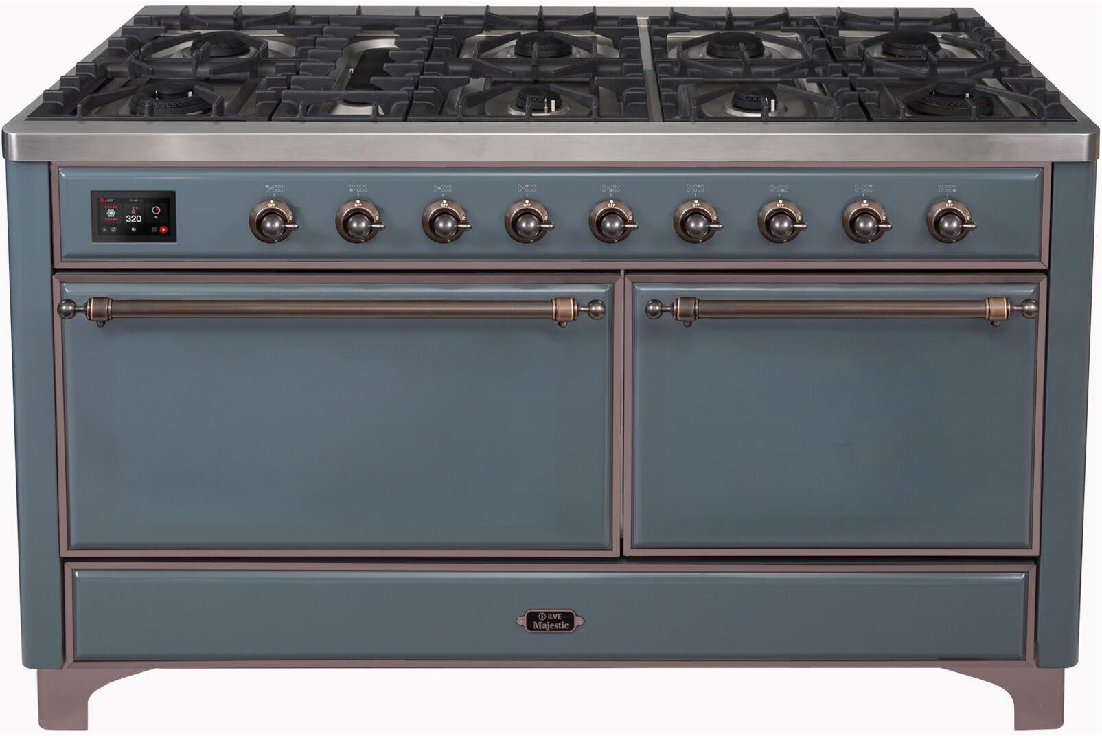 Ilve UM15FDQNS3BGB Majestic Ii 60 Inch Dual Fuel Natural Gas Freestanding Range In Blue Grey With Bronze Trim