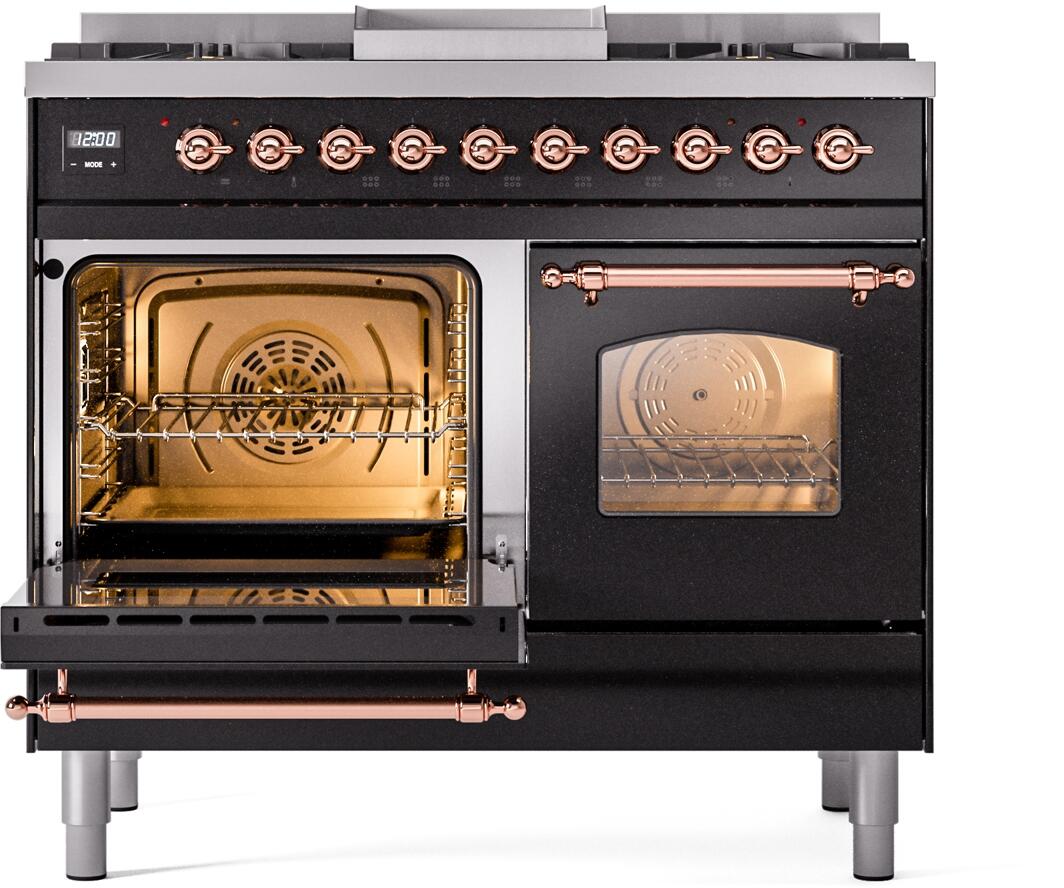 Ilve UPD40FNMPBKP Nostalgie Ii 40 Inch Dual Fuel Natural Gas Freestanding Range In Glossy Black With Copper Trim