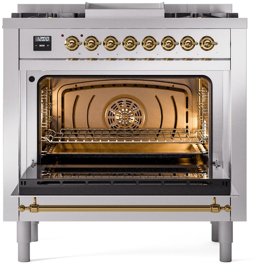 Ilve UP36FNMPSSG Nostalgie Ii 36 Inch Dual Fuel Natural Gas Freestanding Range In Stainless Steel With Brass Trim