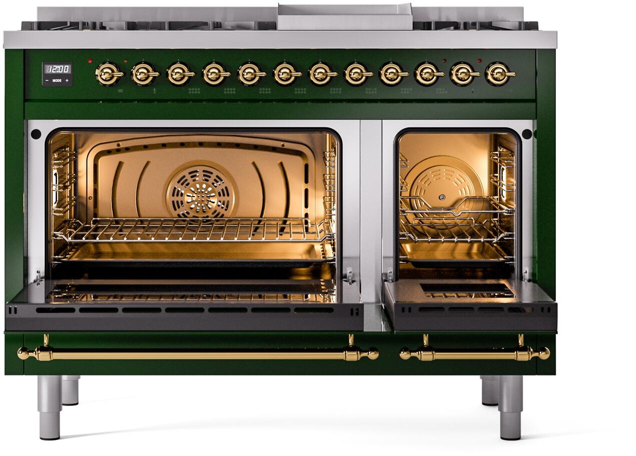 Ilve UP48FNMPEGG Nostalgie Ii 48 Inch Dual Fuel Natural Gas Freestanding Range In Emerald Green With Brass Trim